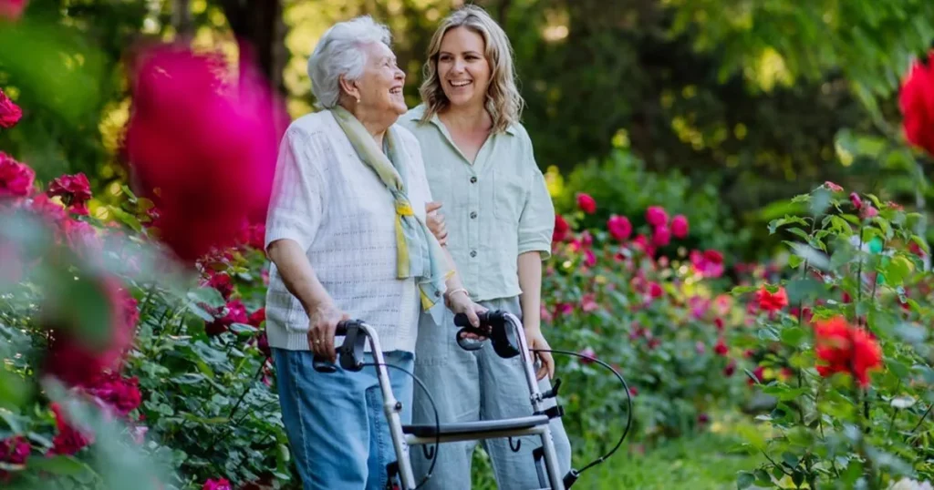 patients enjoying garden walks at a convalescent home